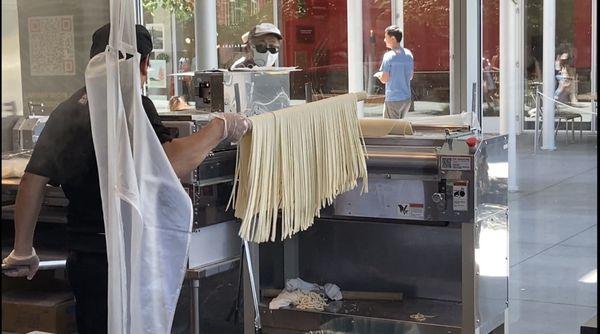 Freshly cut udon noodles