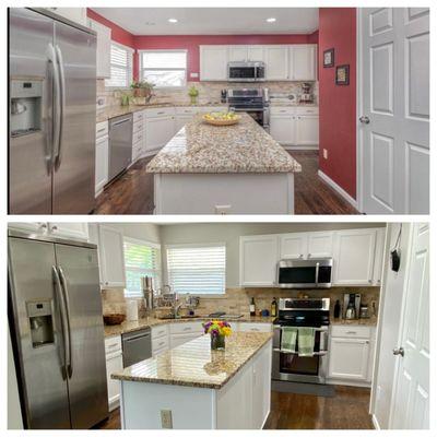 They painted the ceiling and kitchen cabinets white. Top is before and bottom is after.