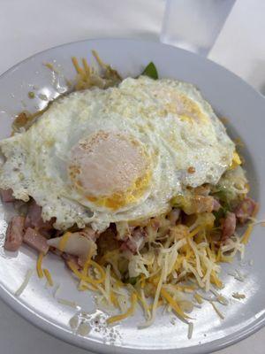 The western breakfast bowl with ham, 2 eggs over easy.