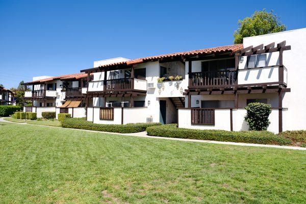 Freshly painted buildings with greenery