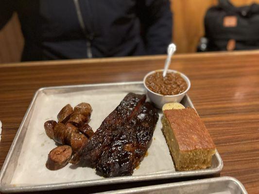 Ribs, Hot Link, baked beans, Corn Bread