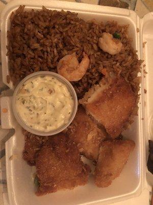 Fried fish (6$) with tartar sauce and shrimp fried rice (+2.25$).