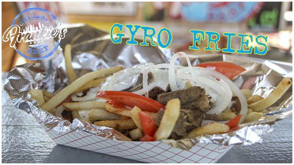 Gyro Fries ($10): A delicious basket of French Fries topped with Gyro, tomatoes, onions, and tzatziki sauce.