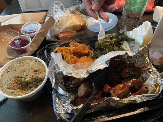 Rib tips, greens, cornbread, yams, and dressing...