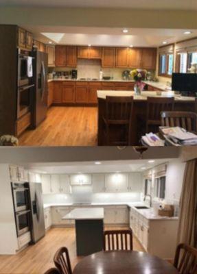 Before and after of a kitchen painting project.