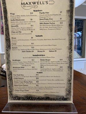 Resturaunt menu