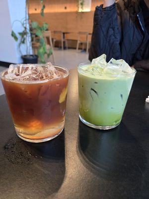 Espresso tonic and matcha latte