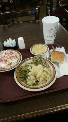 Ain't all good but not all bad either. Grilled Fish, cabbage, green beans, cream corn, Corn bread, strawberry shortcake and water