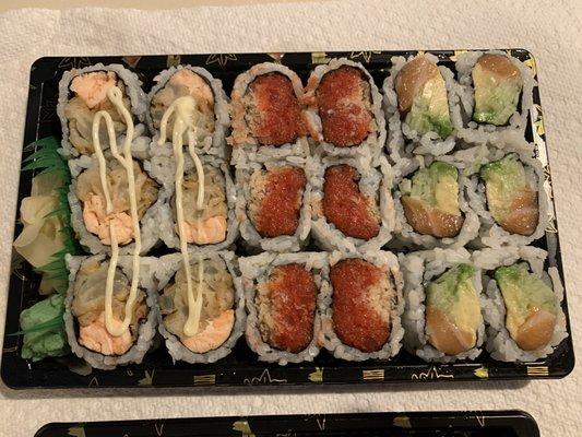 Ginza roll, spicy crunch tuna roll, Alaskan roll