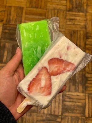 Lime and strawberries and cream paletas.