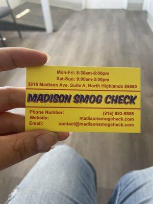 Madison Smog Check Business card info.