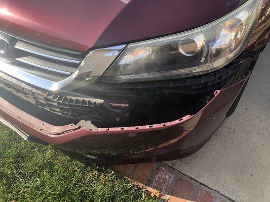 Damage to front bumper