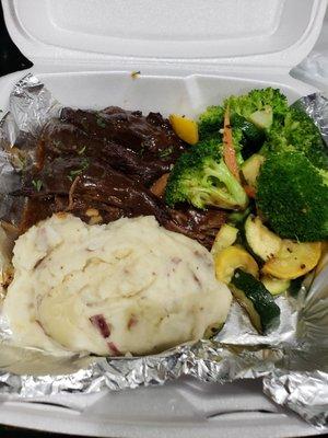 Pot roast, mashed potatoes, seasonal vegetables- out of this world delicious!