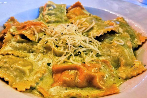 Sausage Ravioli w/pesto sauce. Your choice of filling and sauce. Yummy!