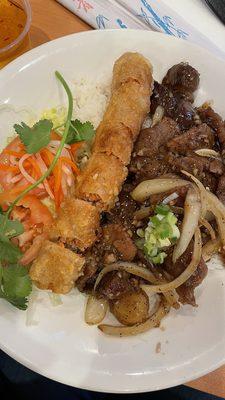 Garlic butter steak bowl with an Eggroll and jasmine rice