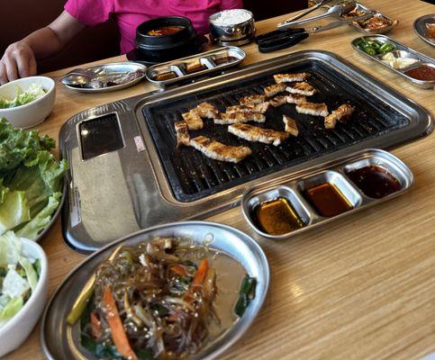 Japchae, pork belly, kimchi stew