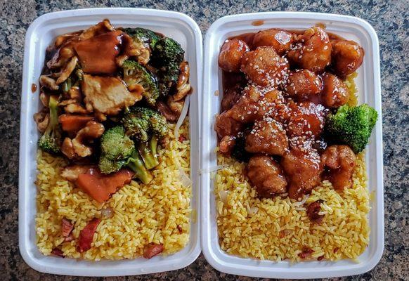 Chicken and broc combo meal w/ pork fried rice and an egg roll + Sesame chic combo meal w/ pork fried rice and an egg roll + Ckn  teriyaki