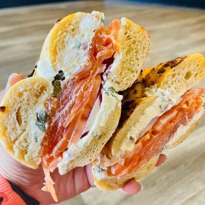 Lox bagel on an onion bagel