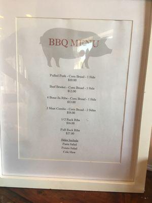 Picture of the take out menu at Cured which I believe is the BBQ "arm" of the Chef's Table catering business.