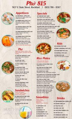 Updated menu of Pho 815