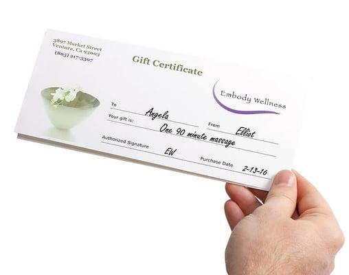 Gift certificates are the perfect gift for showing appreciation for hard work and care for your loved ones' well-being!