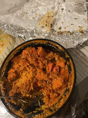 Didn't get to take a picture before digging in, chicken tikka bowl and garlic naan