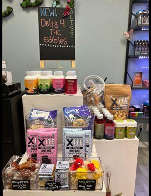 Delta 9 THC. No medical card needed. Gummies, cookies, popcorn, chocolate. Some items are specially infused with both THC & CBD.