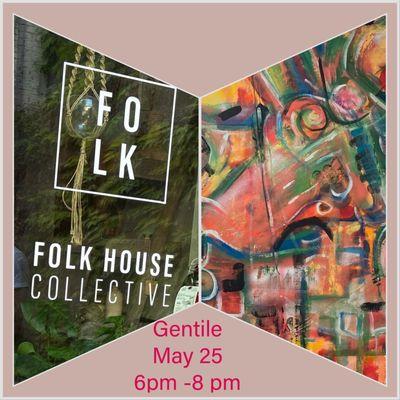 A collage of a collection of work that is on display at the folk collective