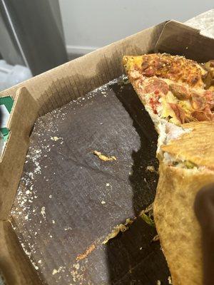 Lifted the pizza so you can see how soaked the pizza box was with grease.