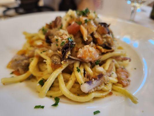 Primi: Chitarra Al Sugo Di Pesce, Mixed Seafood with Bottarga Sauce