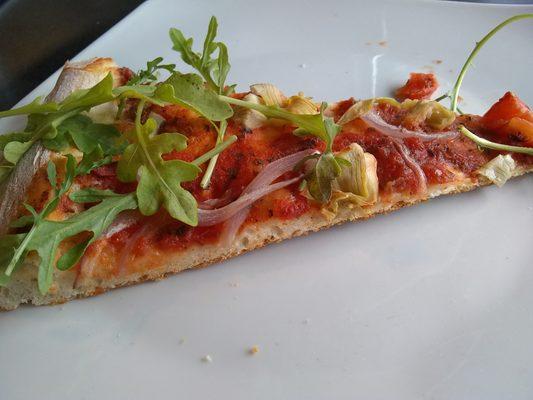 THIN crust (love it!). Slice of 16" custom (artichoke hearts, arugula, red onions, and Roma tomatoes --no cheese).