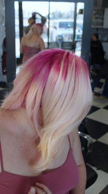 Pink rooted to platinum blonde