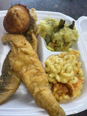 Tilapia, cabbage, macaroni and cheese and cornbread muffin