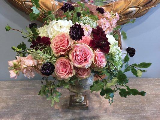 Romance for Valentine's Day with Garden roses, dahlias, scabiosa and hydrangeas in pinks and reds