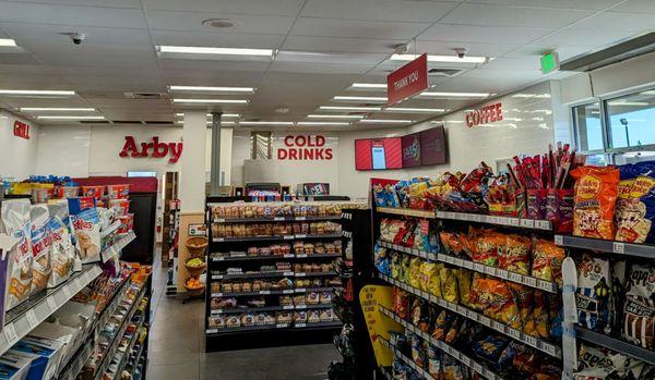 Snacks, Arby's entrance, Cold drinks, and Coffee section