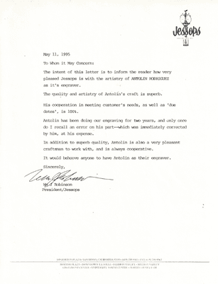 Letter of Recommendation from the President of Jessops Jewelers, 1995