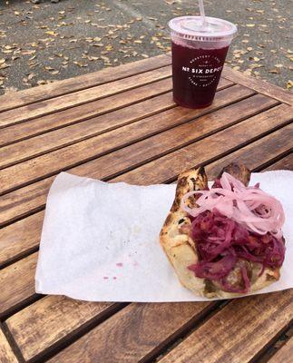 No6 Depot iced tea & Blue Hill Farm sausage w sauerkraut