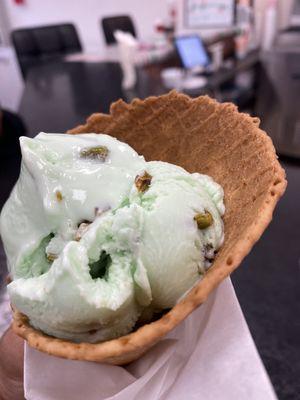 Pistachio with the best waffle cone ever!!!