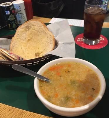 Bowl of soup and garlic bread.  Simple but good!