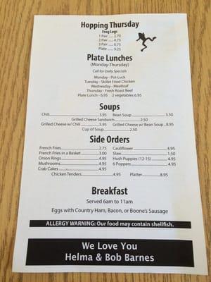 Menu (back side)