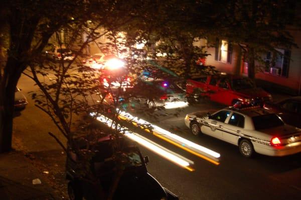 Police gathering outside of Mulberry Arts Studio, on October 15, 2006 at 1:27 a.m.