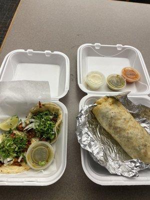 On the left is a pastor taco and carnitas taco, and on the right is an Asada burro.