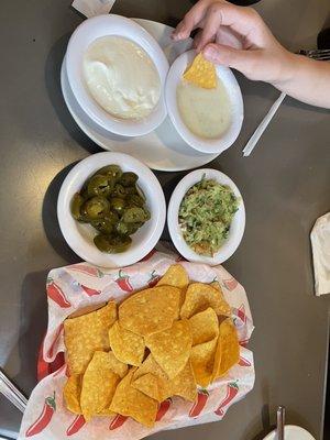 Chips, Queso, Guacamole, Sour Cream and Jalapeños