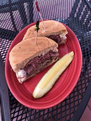 The moose: roast beef, pastrami, and cream cheese steamed on a Kaiser roll.