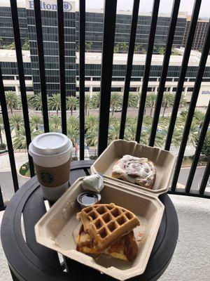 Waffle sandwich (5/5), with cinnamon roll (4.5/5 - I ordered it cold but you can order it warmed up if you like), with coffee.