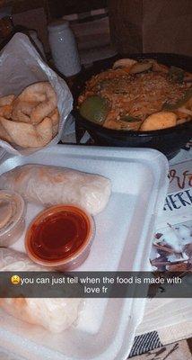 Shrimp rolls, wontons& vegetable pad Thai