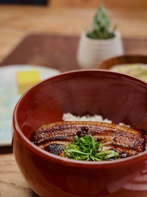 Unaju Set with Sansai (3 sides) Grilled Maine eel over rice, arima sansho, shiso, sides & miso soup