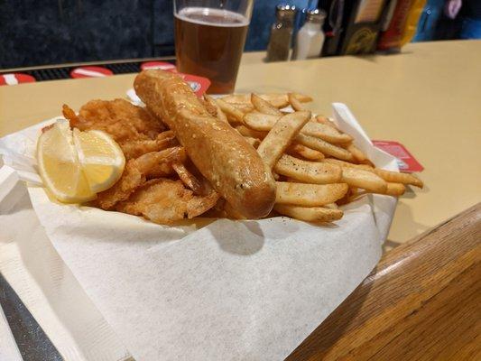 The shrimp basket, complete with crispy fries and a yummy bread stick!