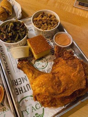 Fried Chicken with Greens and Dirty Rice