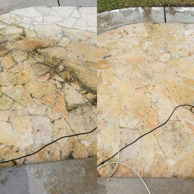 Before and after of pressure washing of some stone.